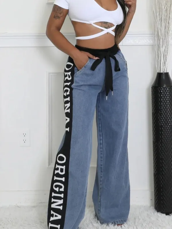 High Waist Wide Leg Denim Jeans with Side Letter Print sold by Unique Kulture