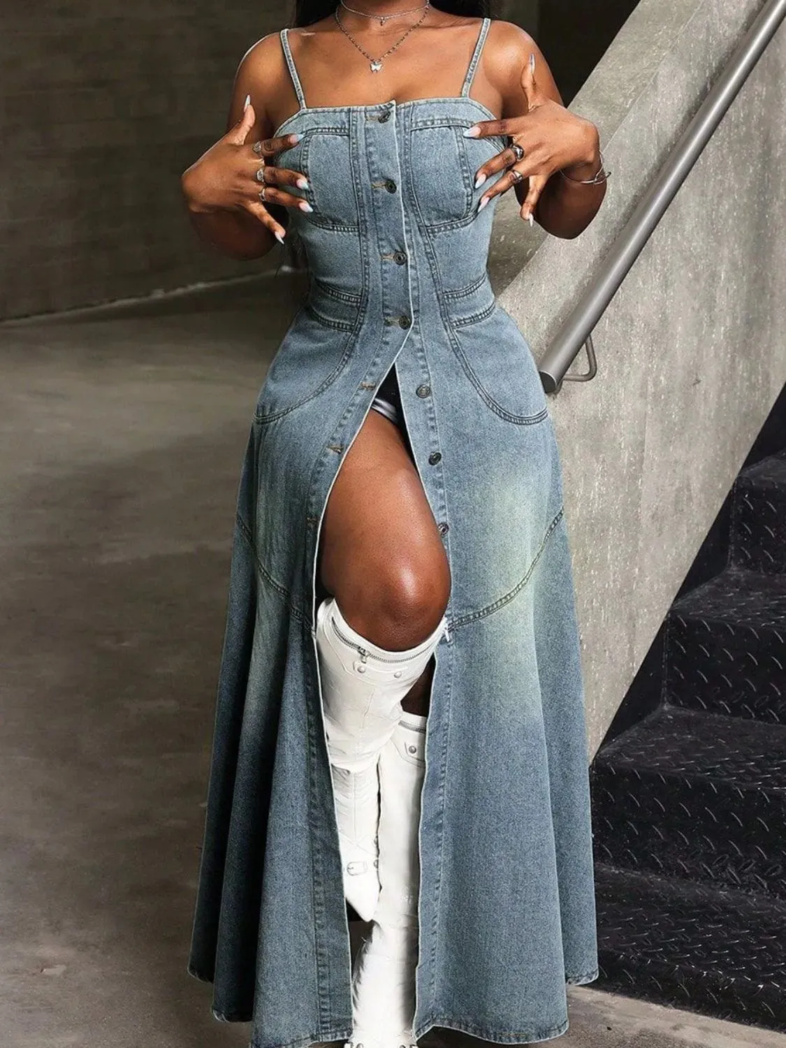 Smocked Button Front Denim Cami Dress sold by Unique Kulture product image thumbnail 2