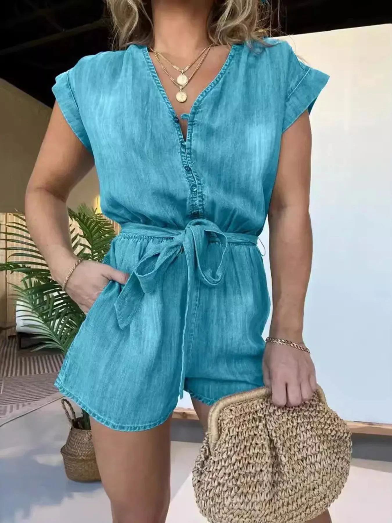Full Size Tie Waist Cap Sleeve Denim Romper Plus Size sold by Unique Kulture product image thumbnail 2
