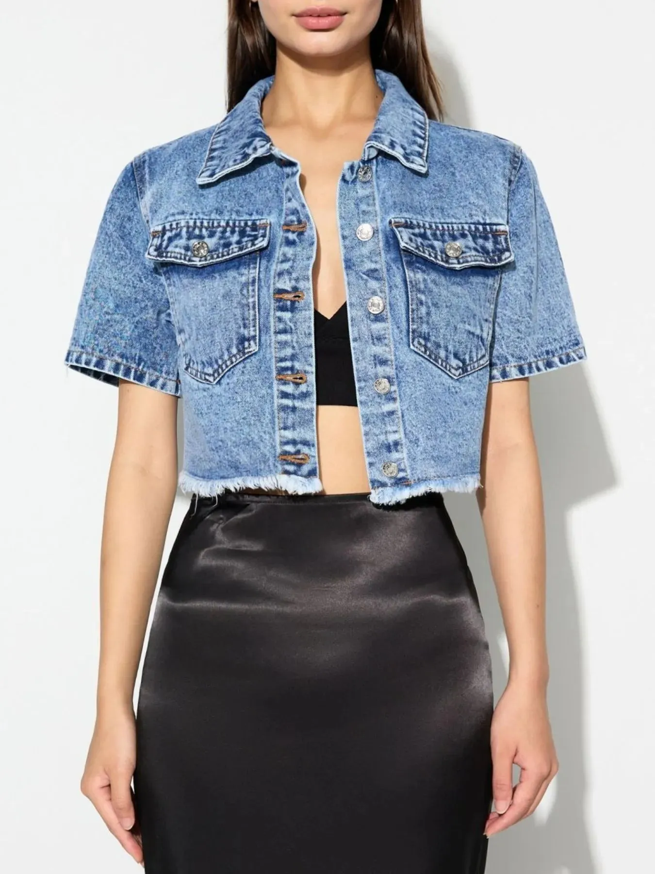 Cropped Short Sleeve Denim Jacket with Frayed Hem sold by Unique Kulture product image thumbnail 5