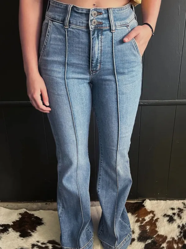 High-Waisted Flare Jeans with Seam Detail made by Trendsi