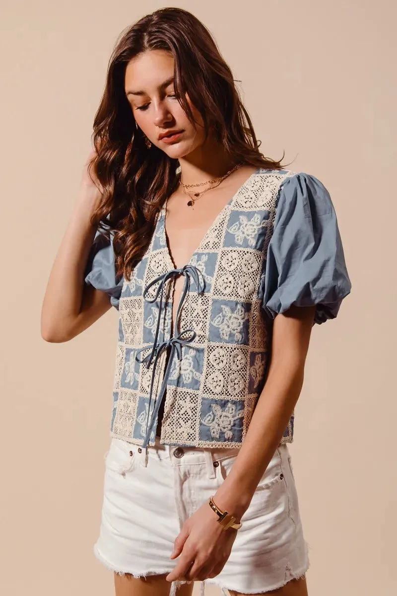 SO ME Crochet Lace Tie Front V Neck Blouse Top | Unique Kulture sold by Unique Kulture product image thumbnail 4