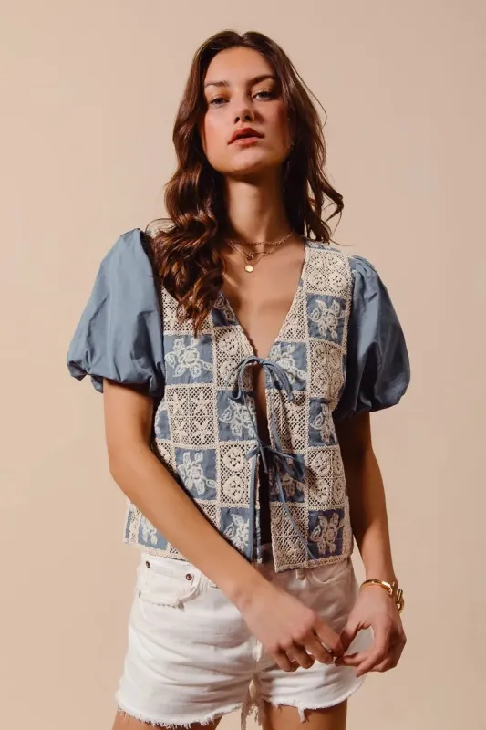 SO ME Crochet Lace Tie Front V Neck Blouse Top | Unique Kulture made by Trendsi