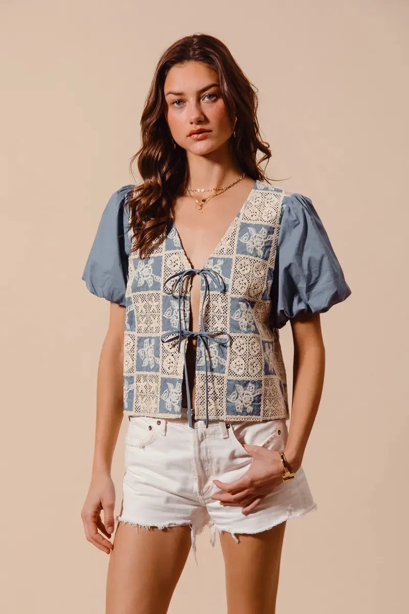 SO ME Crochet Lace Tie Front V Neck Blouse Top | Unique Kulture sold by Unique Kulture product image thumbnail 2
