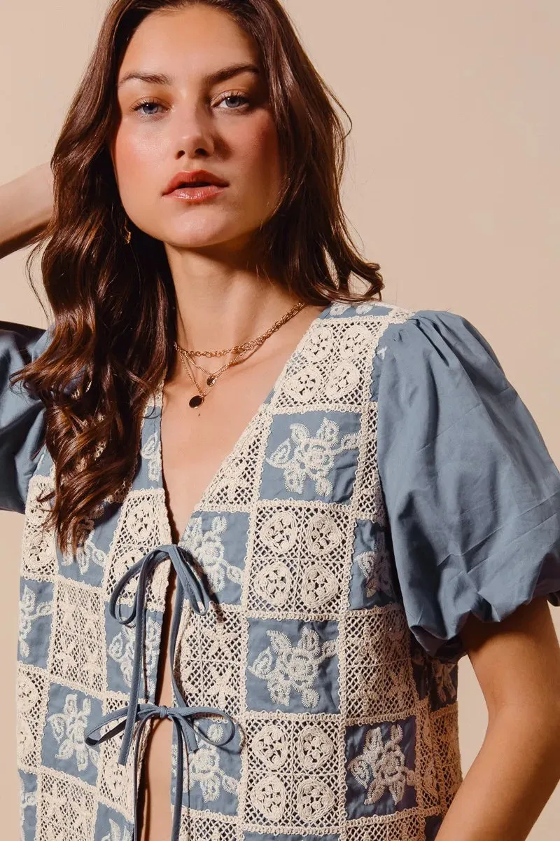 SO ME Crochet Lace Tie Front V Neck Blouse Top | Unique Kulture sold by Unique Kulture product image thumbnail 5