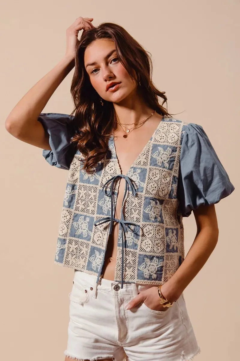 SO ME Crochet Lace Tie Front V Neck Blouse Top | Unique Kulture sold by Unique Kulture product image thumbnail 3