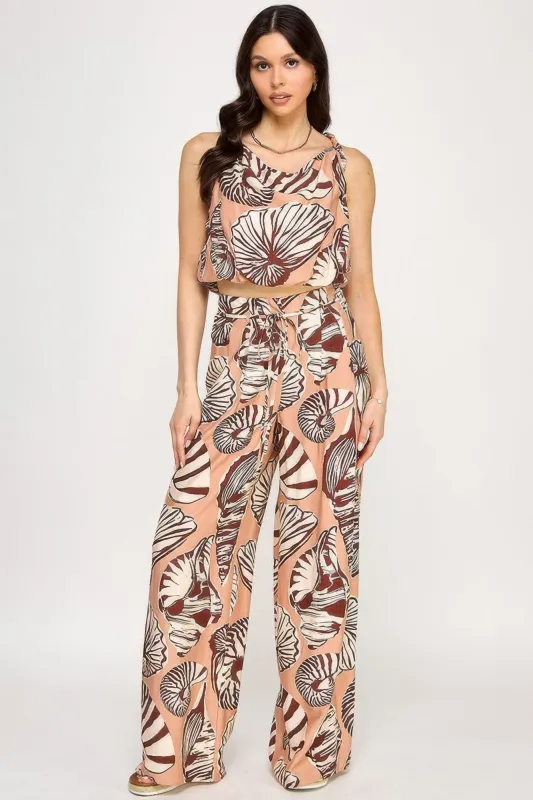 Printed Sleeveless Bubble Hem Top And Paper Bag Waist Pants Set made by Unique Kulture