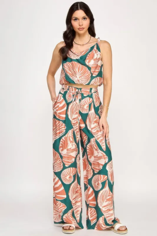 Printed Sleeveless Bubble Hem Top And Paper Bag Waist Pants Set made by Unique Kulture