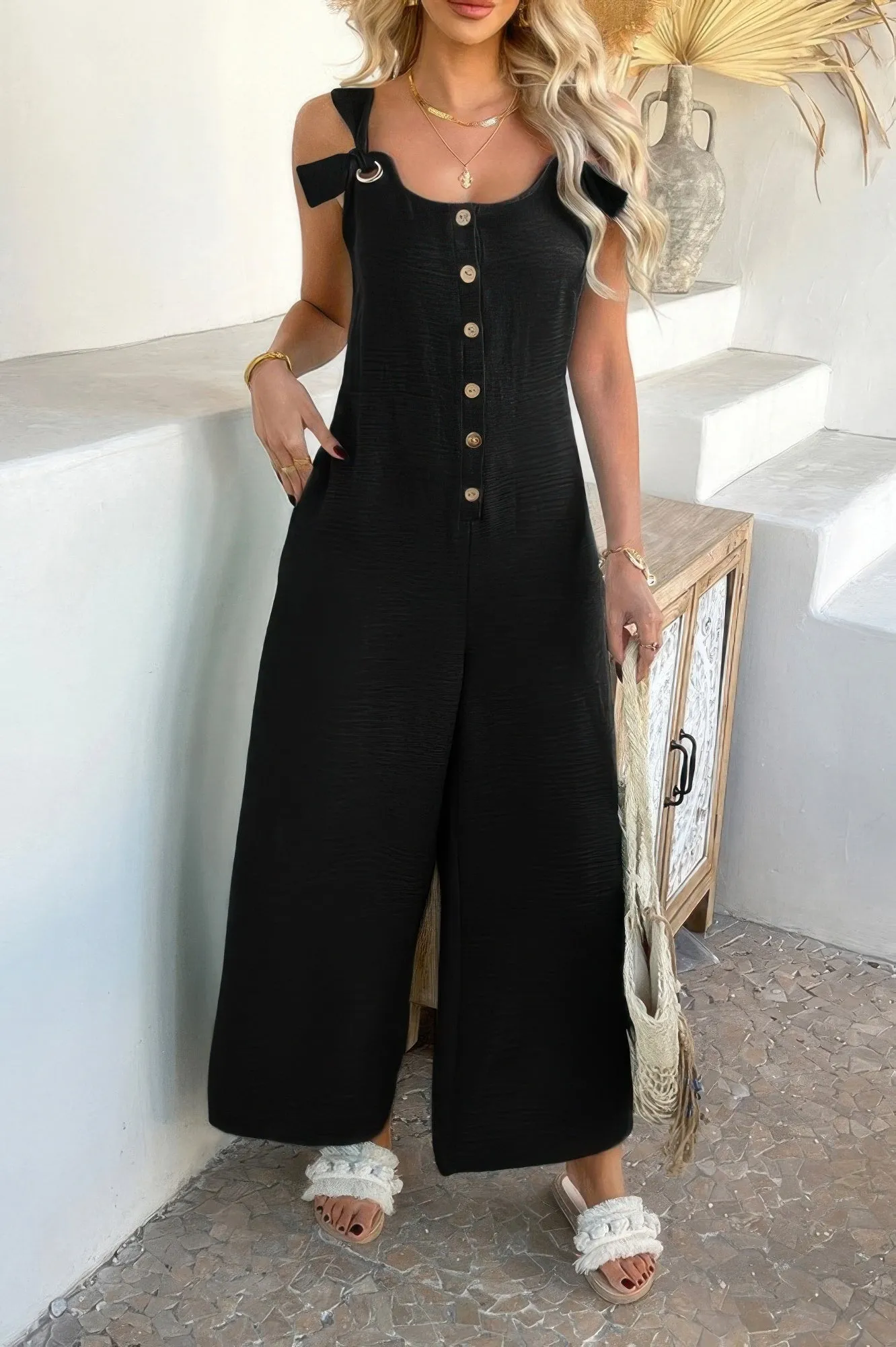 Button Front Knotted Strap Wide Leg Jumpsuit sold by Unique Kulture product image thumbnail 5