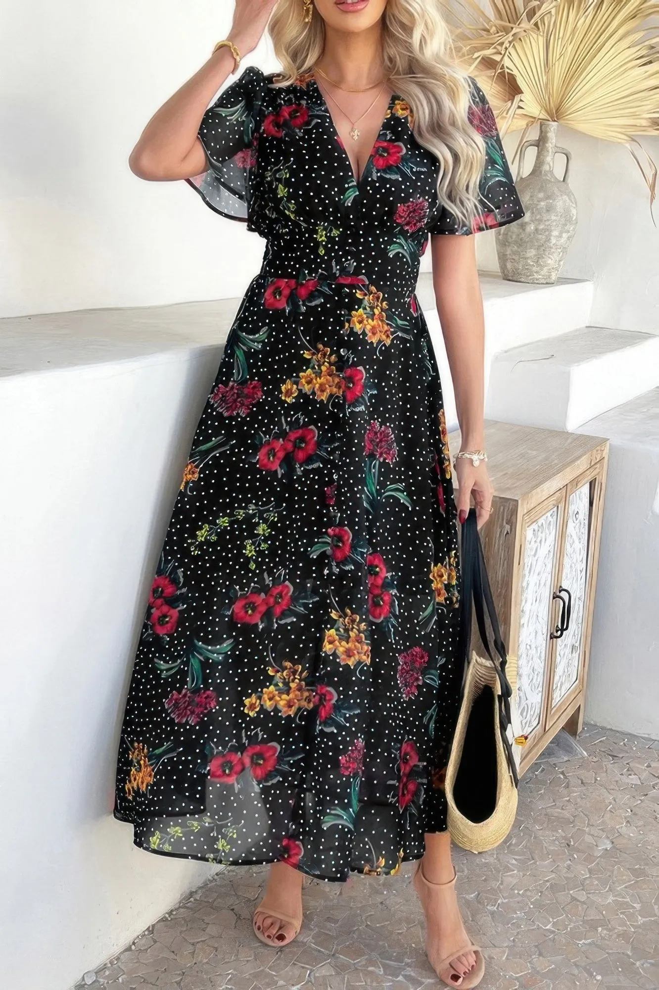 Floral V Neck Short Sleeve Tied Wrap Dress sold by Unique Kulture product image thumbnail 2