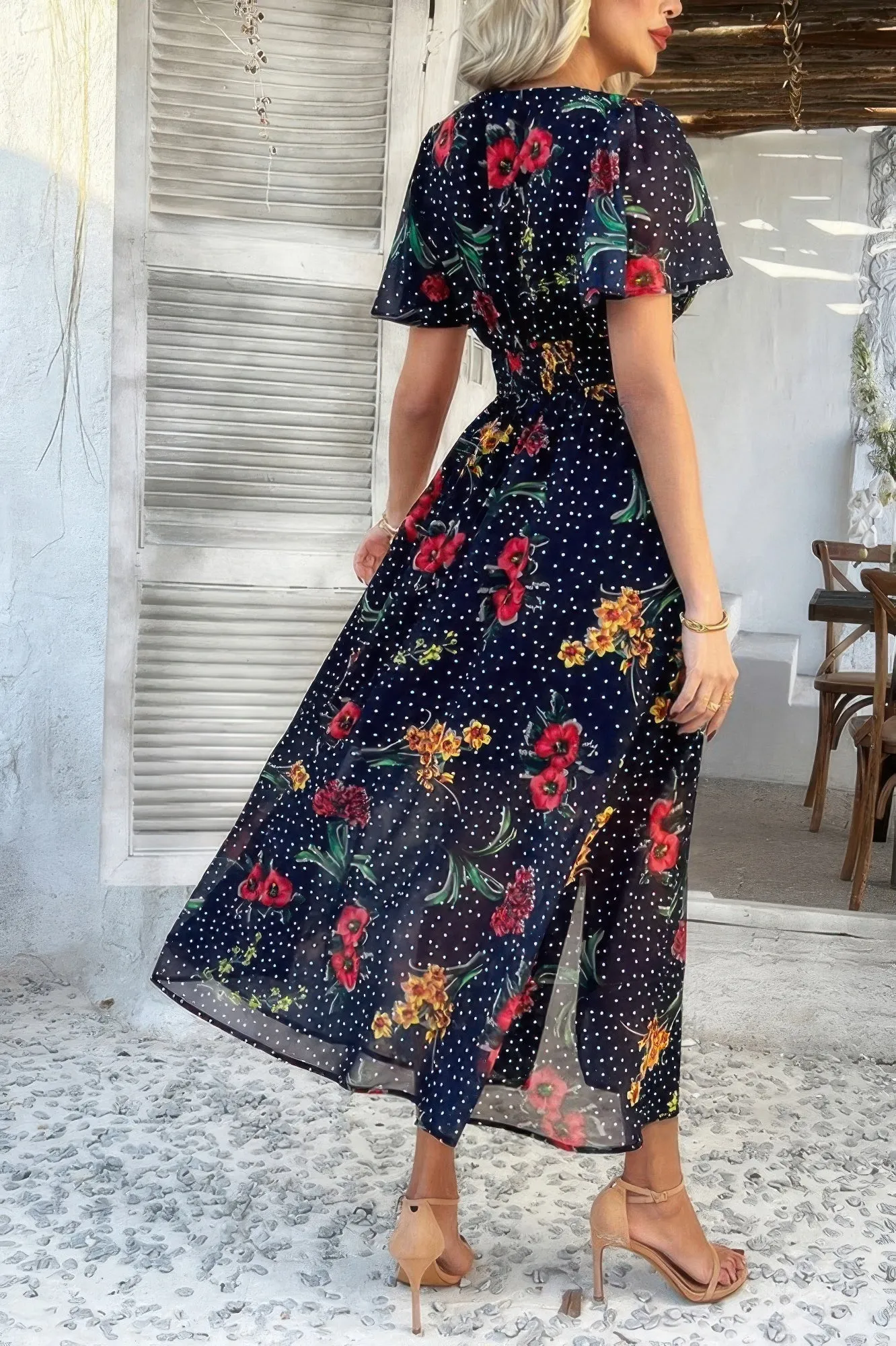 Floral V Neck Short Sleeve Tied Wrap Dress sold by Unique Kulture product image thumbnail 5