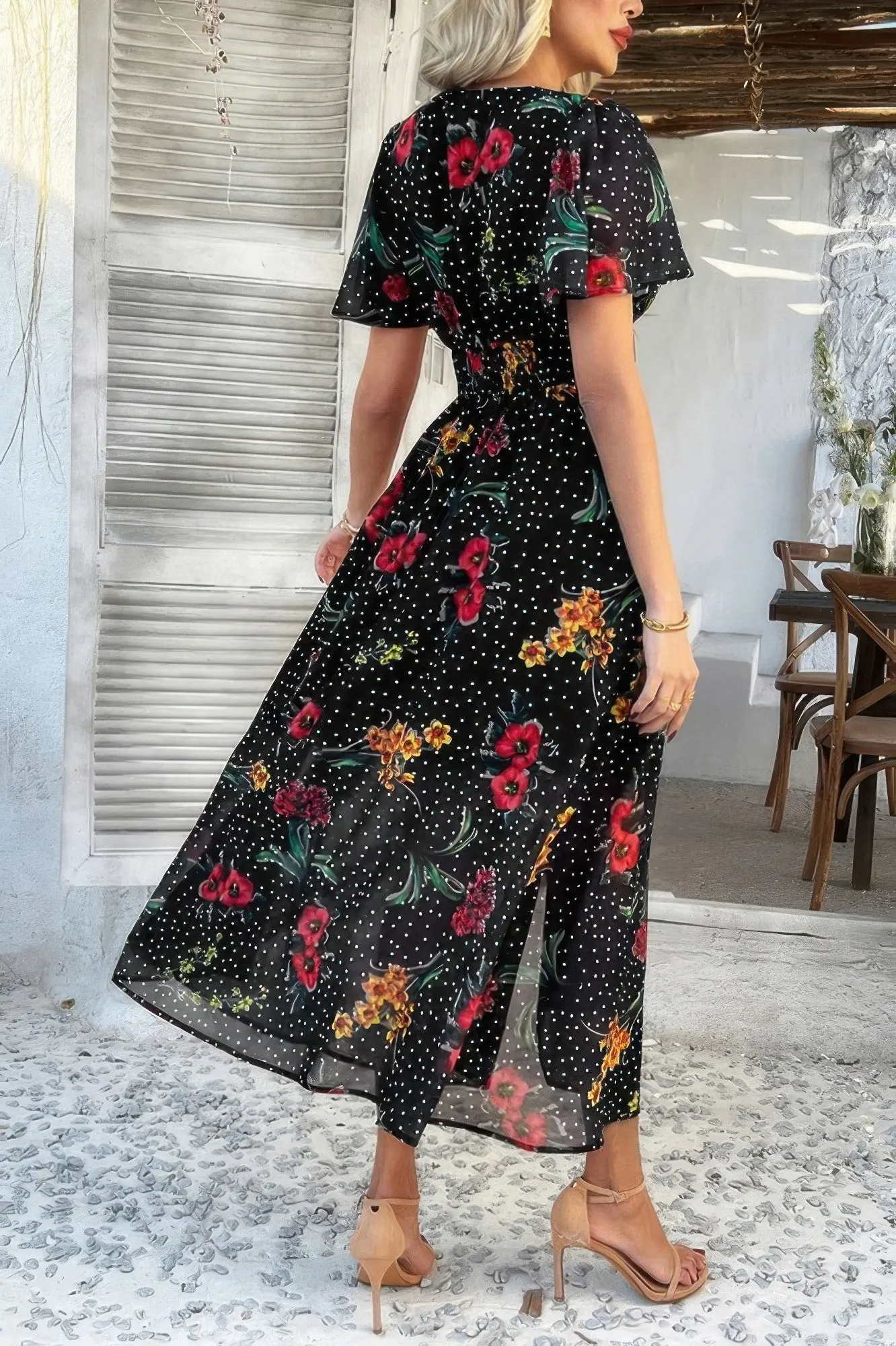 Floral V Neck Short Sleeve Tied Wrap Dress sold by Unique Kulture product image thumbnail 3