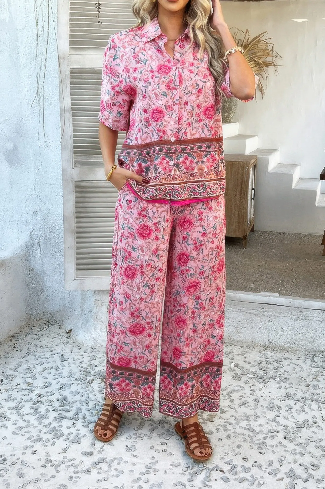 Two Pieces Button Down Boho Blouse Pant Sets sold by Unique Kulture