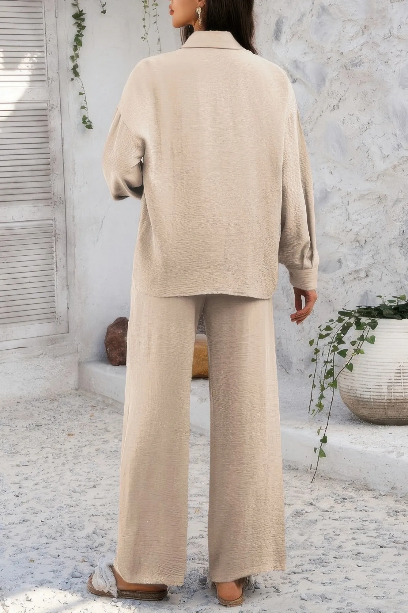 Two Pieces Solid Button Down Blouse Pant Sets sold by Unique Kulture product image thumbnail 4