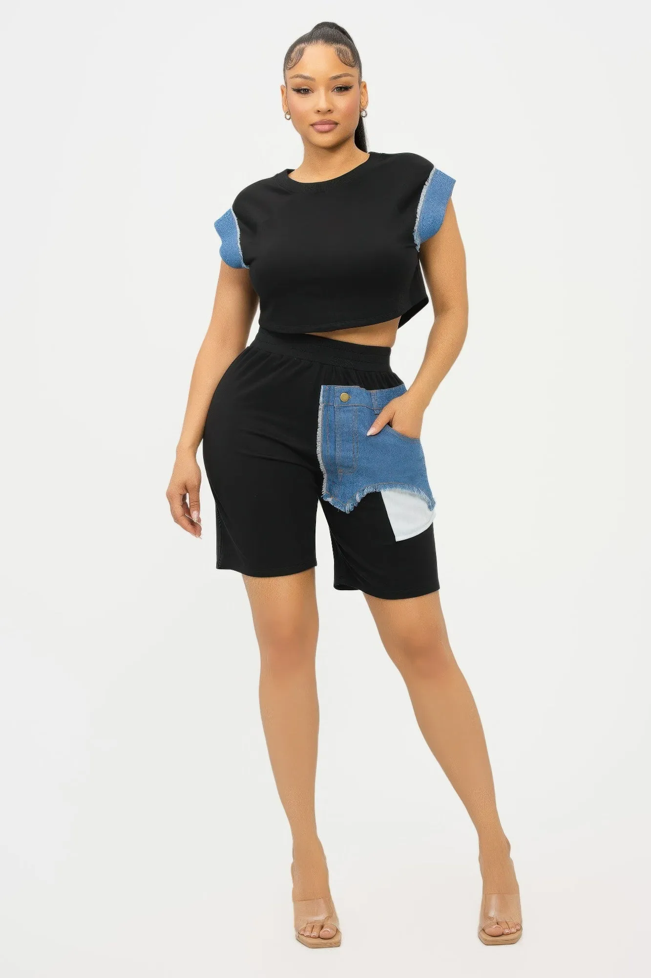 Color Block Denim Sleeve Top And Biker Shorts Set sold by Unique Kulture product image thumbnail 2