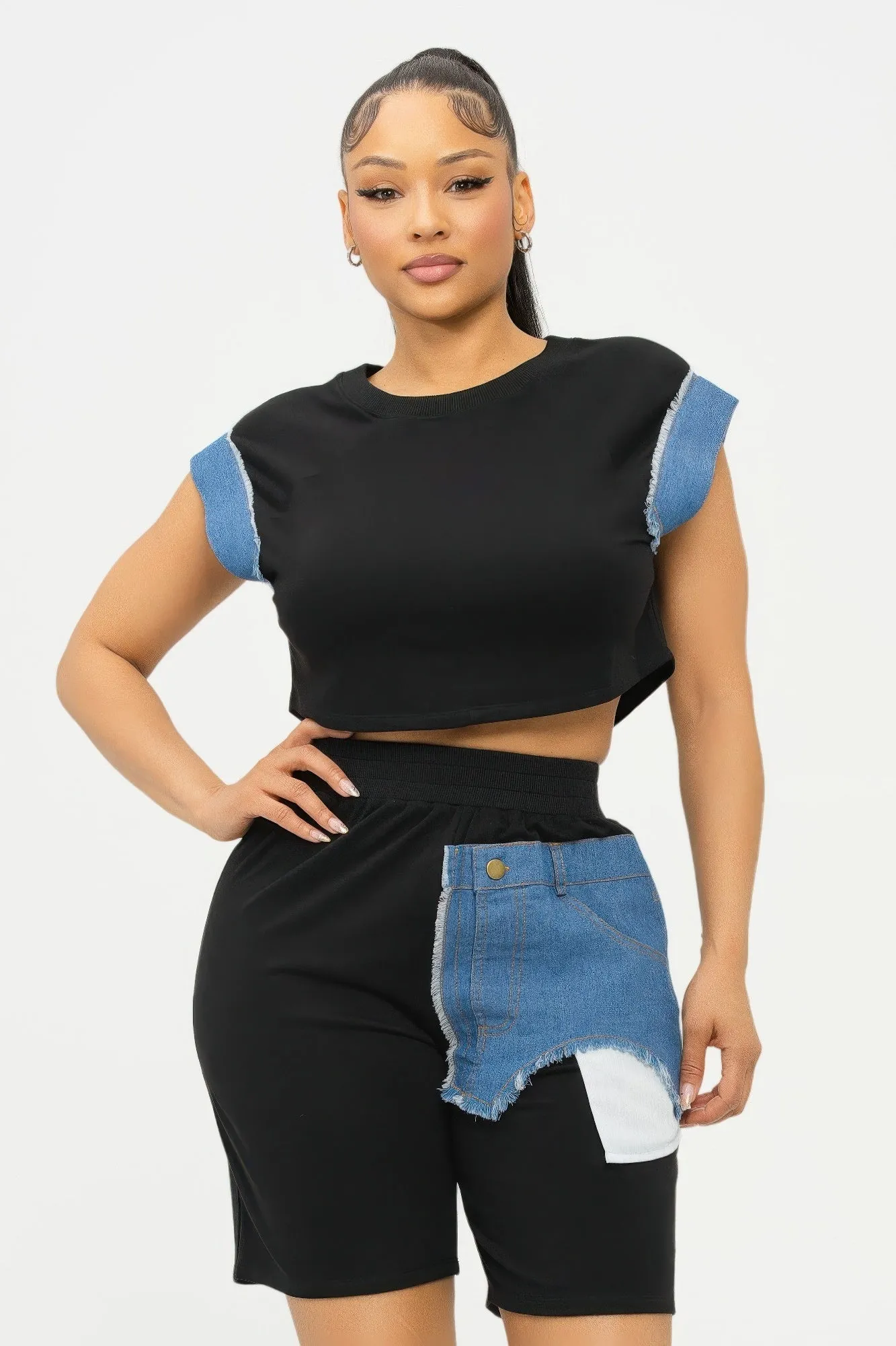 Color Block Denim Sleeve Top And Biker Shorts Set sold by Unique Kulture