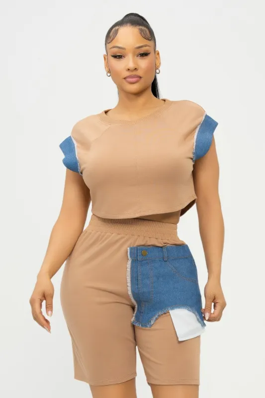 Color Block Denim Sleeve Top And Biker Shorts Set sold by Unique Kulture
