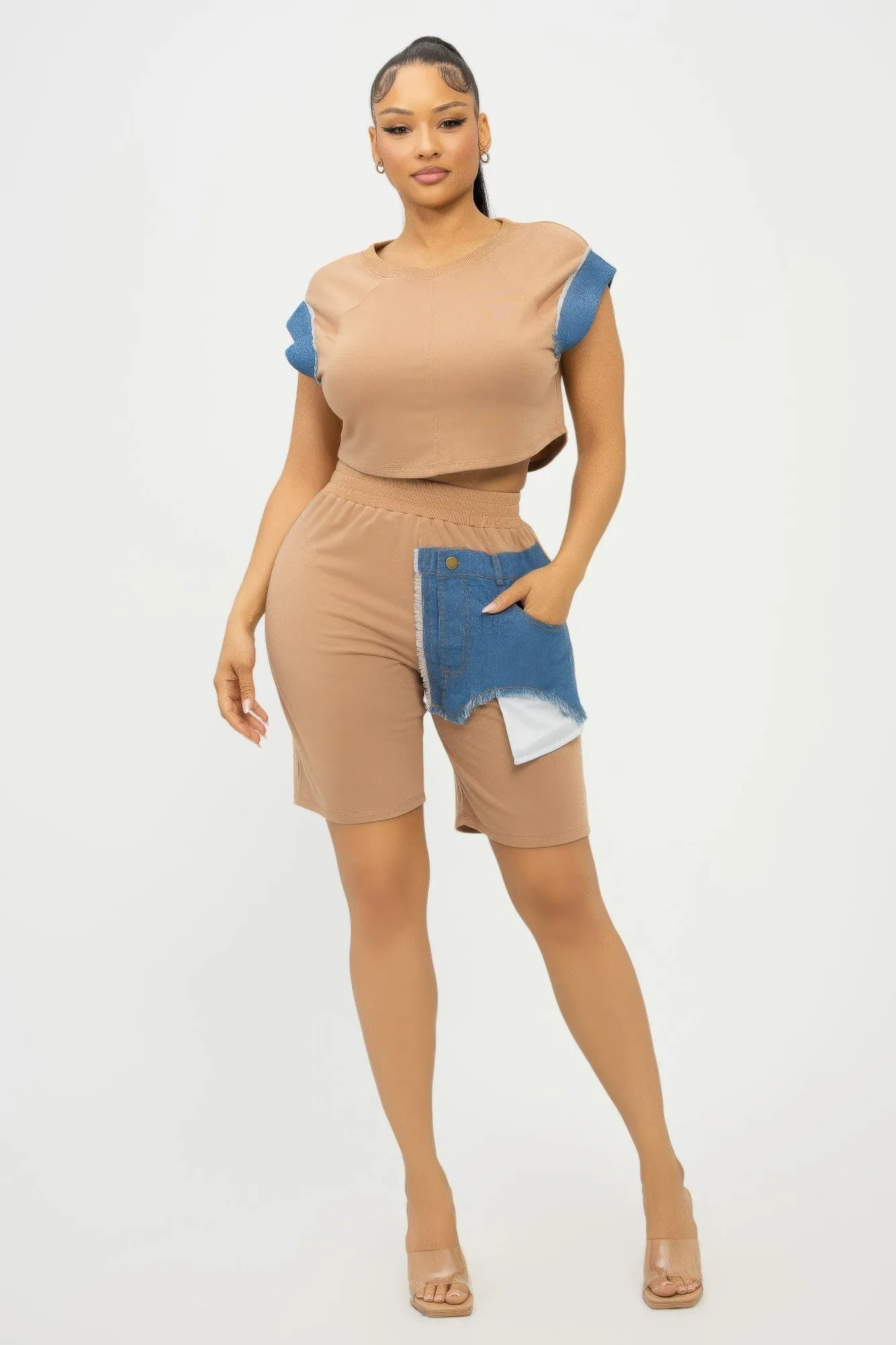 Color Block Denim Sleeve Top And Biker Shorts Set sold by Unique Kulture product image thumbnail 2