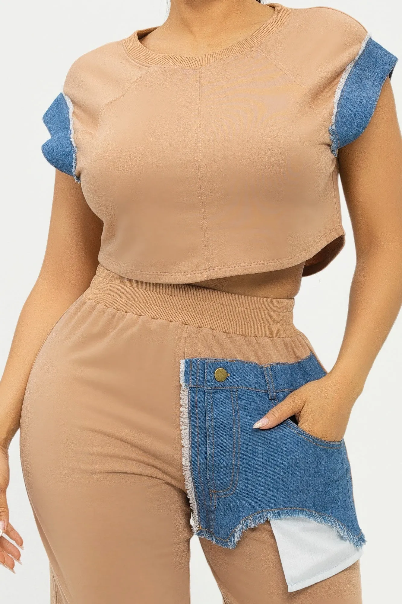 Color Block Denim Sleeve Top And Biker Shorts Set sold by Unique Kulture product image thumbnail 5