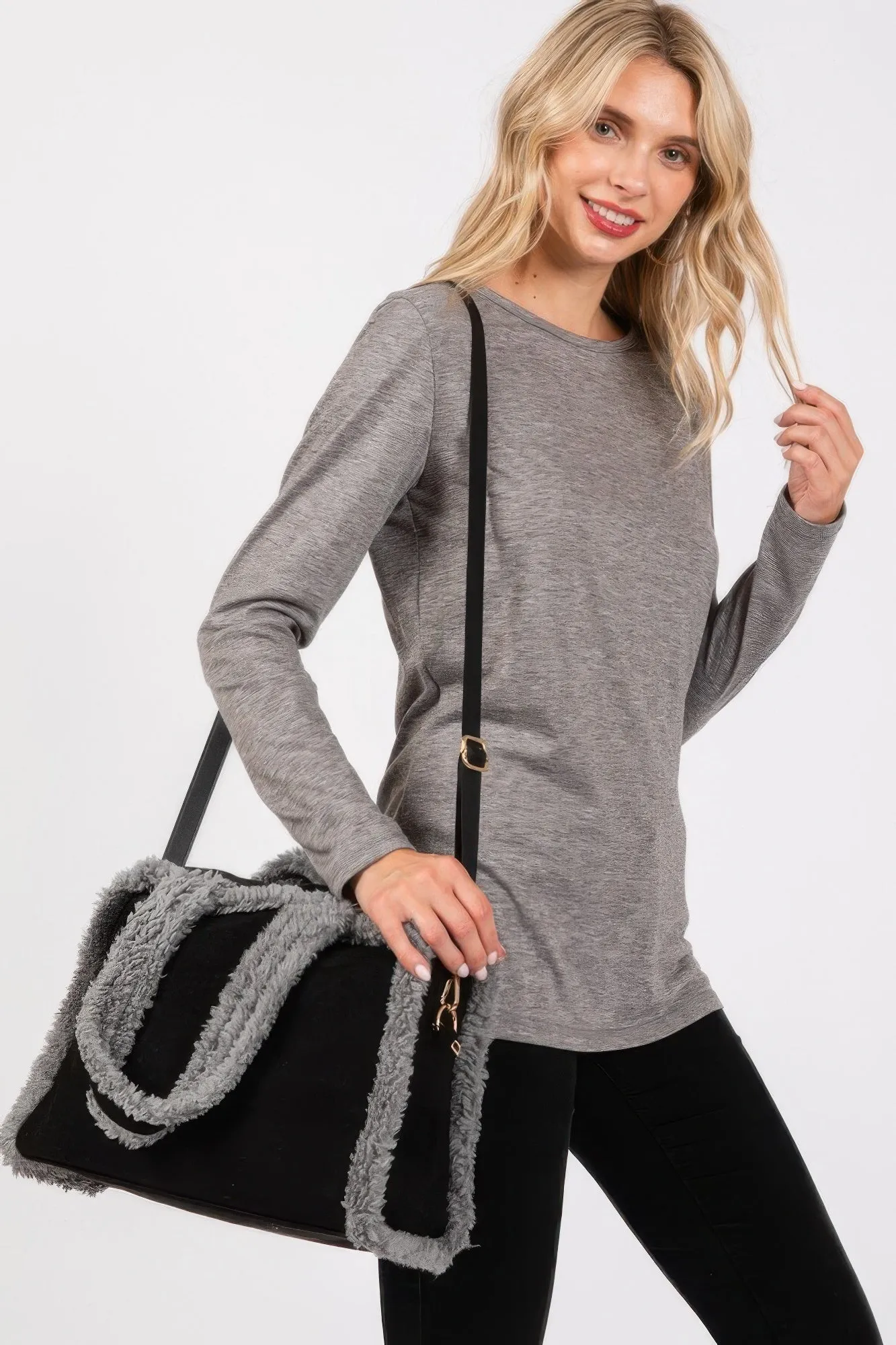 Fleece Trimmed Solid Tote And Crossbody Bag sold by Unique Kulture product image thumbnail 2