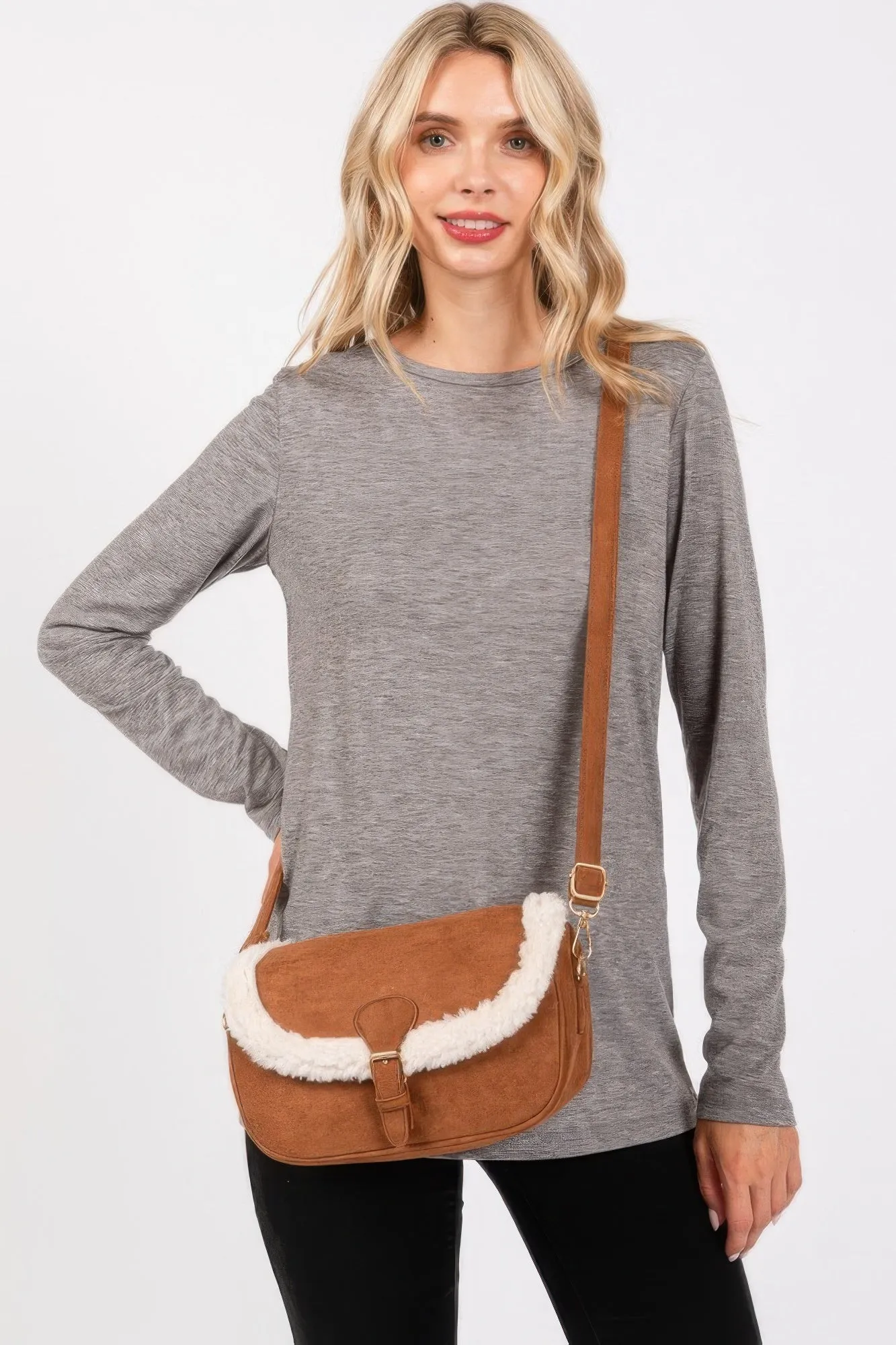 Fleece Trimmed Solid Crossbodybag Adjustable Strap sold by Unique Kulture