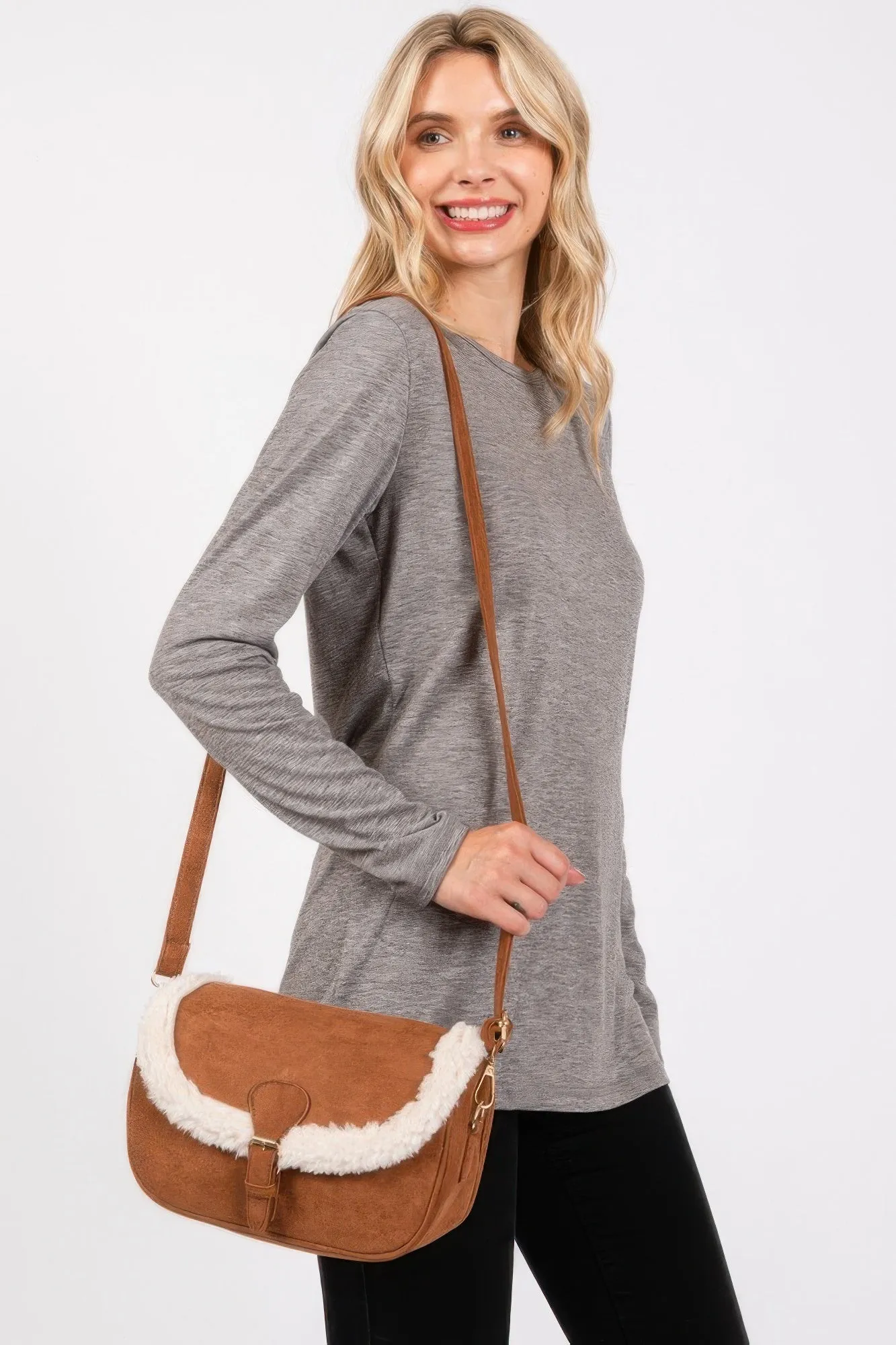 Fleece Trimmed Solid Crossbodybag Adjustable Strap sold by Unique Kulture product image thumbnail 3