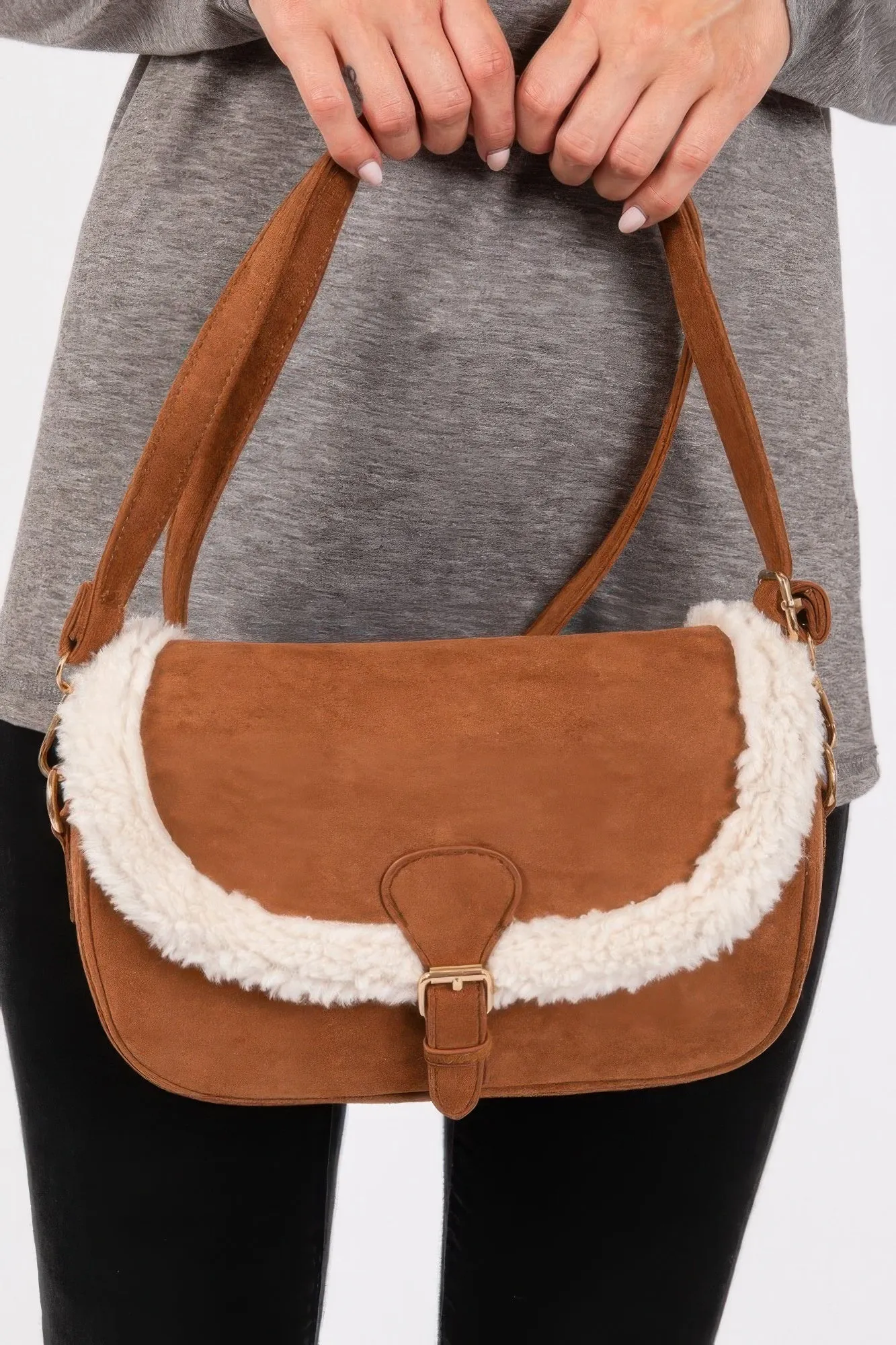 Fleece Trimmed Solid Crossbodybag Adjustable Strap sold by Unique Kulture product image thumbnail 5