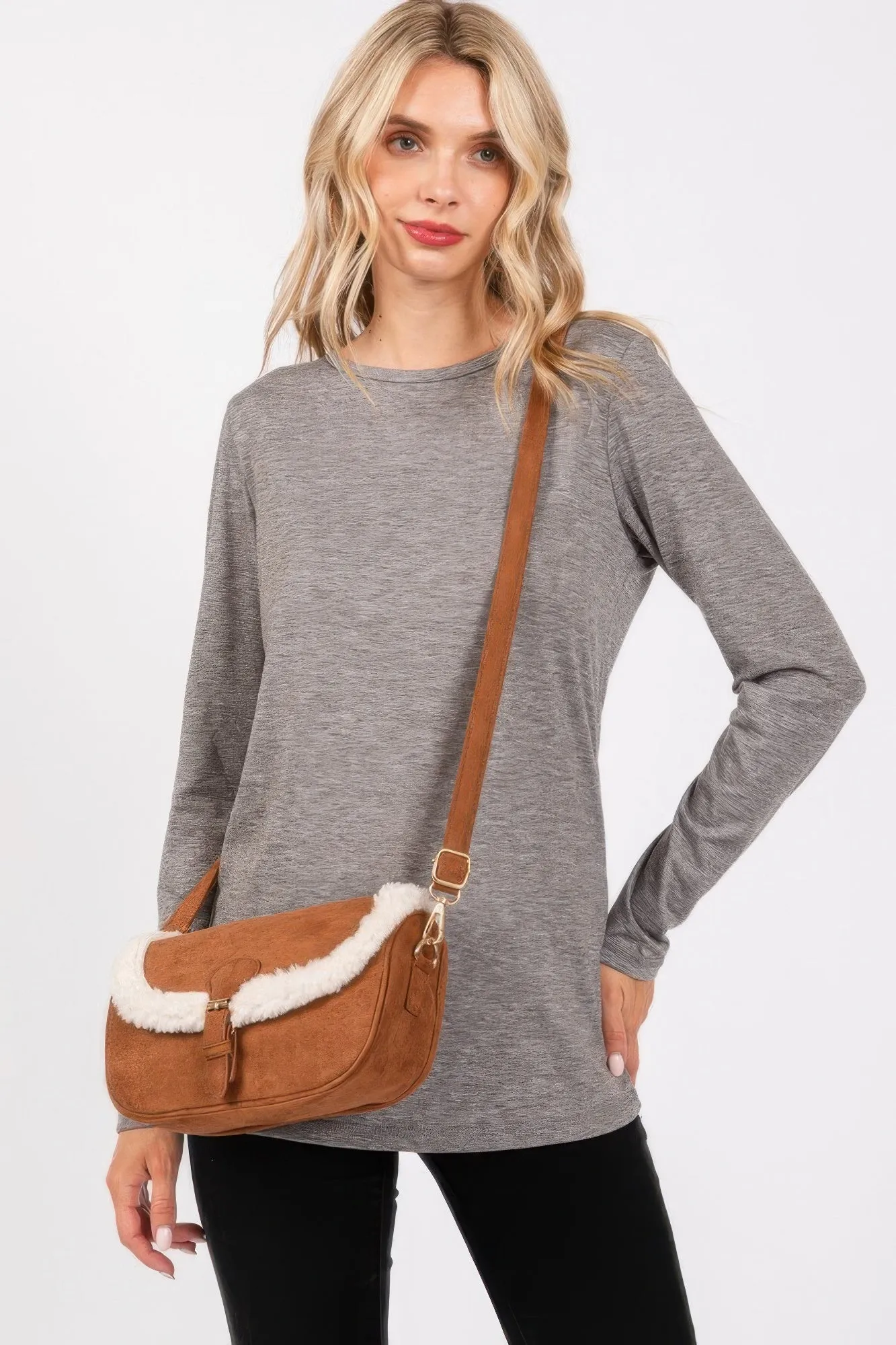 Fleece Trimmed Solid Crossbodybag Adjustable Strap sold by Unique Kulture product image thumbnail 4