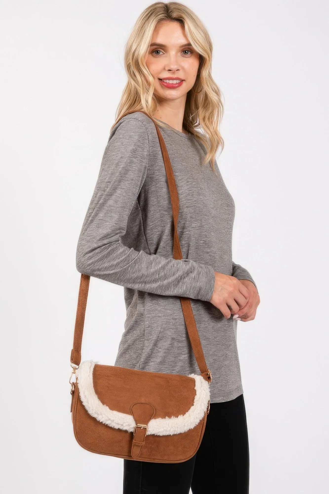 Fleece Trimmed Solid Crossbodybag Adjustable Strap sold by Unique Kulture product image thumbnail 2