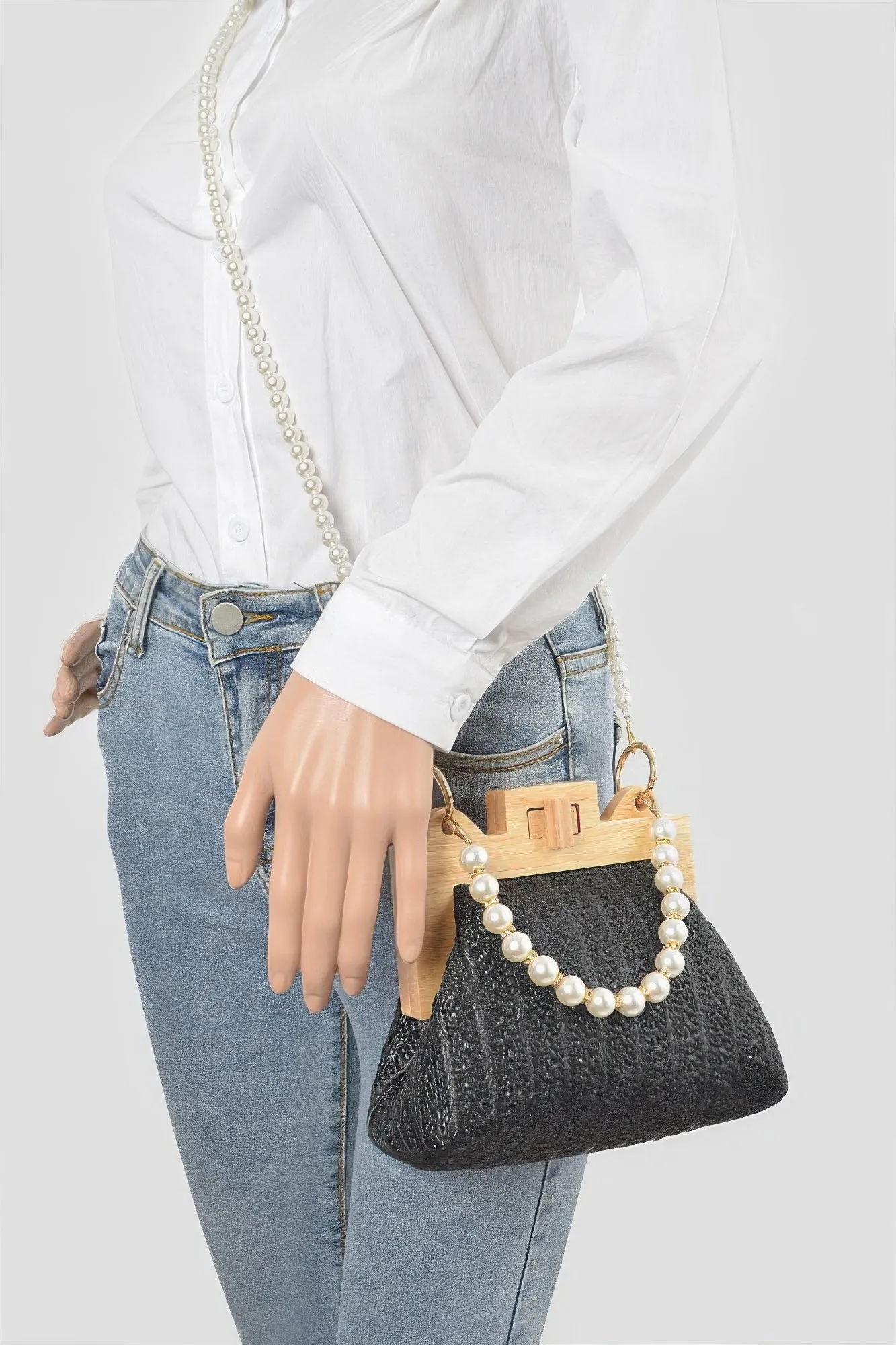 Faux Straw Wood Frame Clutch W/ Faux Pearl Chain sold by Unique Kulture product image thumbnail 2
