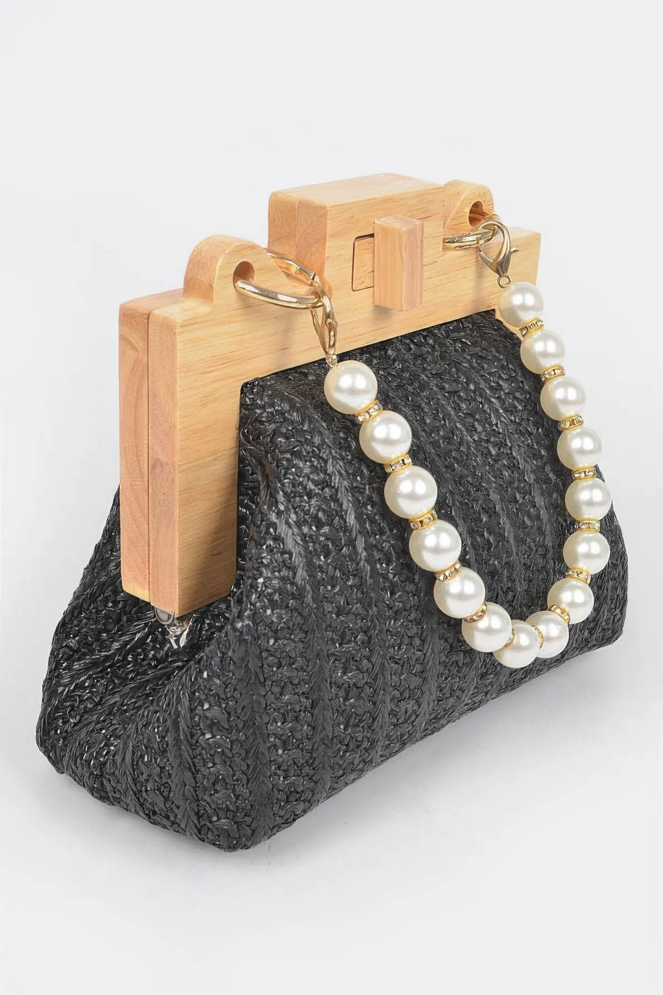 Faux Straw Wood Frame Clutch W/ Faux Pearl Chain sold by Unique Kulture product image thumbnail 3