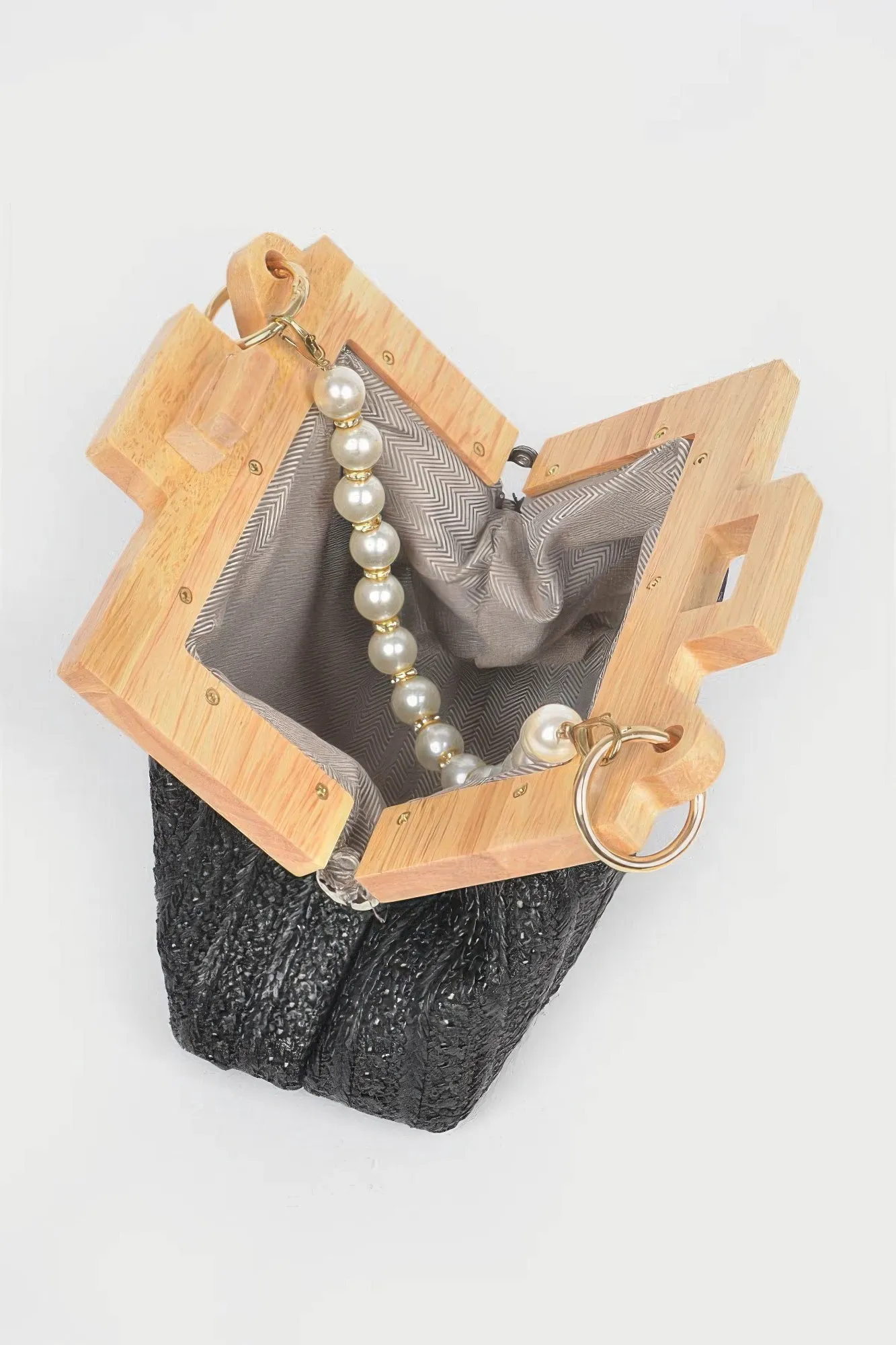 Faux Straw Wood Frame Clutch W/ Faux Pearl Chain sold by Unique Kulture product image thumbnail 5
