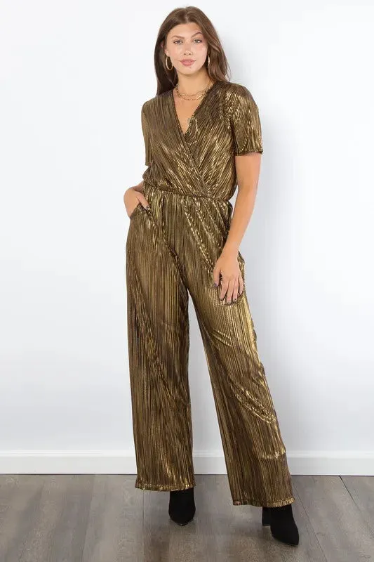 Be Stage Surplice Short Sleeve Pleated Foil Jumpsuit sold by Unique Kulture