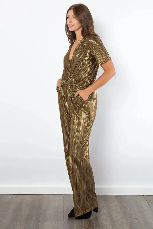 Be Stage Surplice Short Sleeve Pleated Foil Jumpsuit sold by Unique Kulture product image thumbnail 3