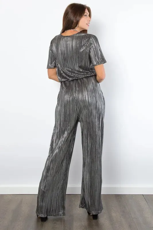 Be Stage Surplice Short Sleeve Pleated Foil Jumpsuit sold by Unique Kulture product image thumbnail 2