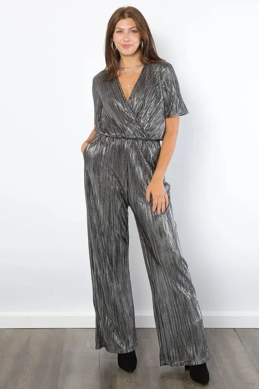 Be Stage Surplice Short Sleeve Pleated Foil Jumpsuit sold by Unique Kulture