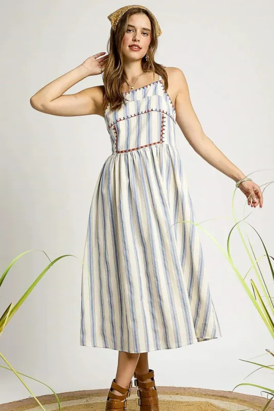 Umgee Striped Colorful Embroidered Trim Cami Dress sold by Unique Kulture