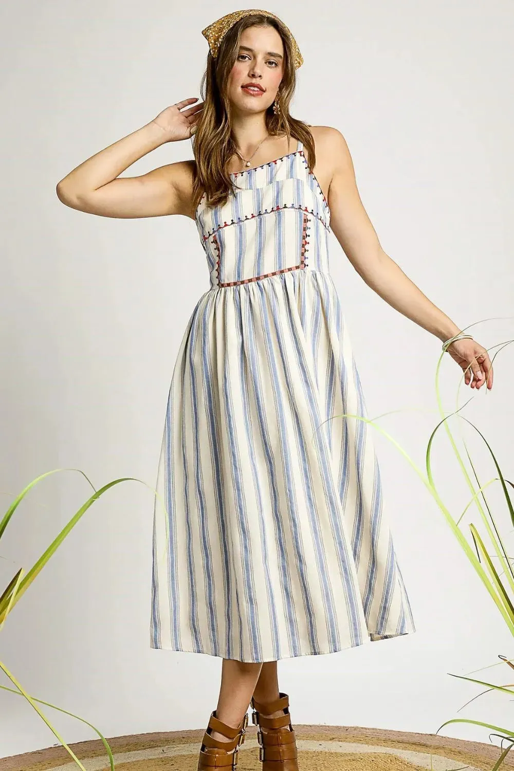 Umgee Striped Colorful Embroidered Trim Cami Dress sold by Unique Kulture