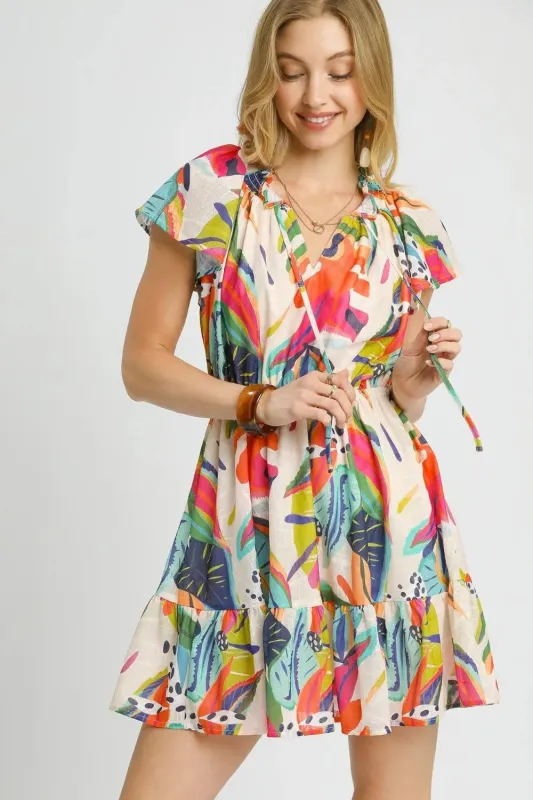 Umgee Printed Tie Neck Ruffled Hem Dress sold by Unique Kulture