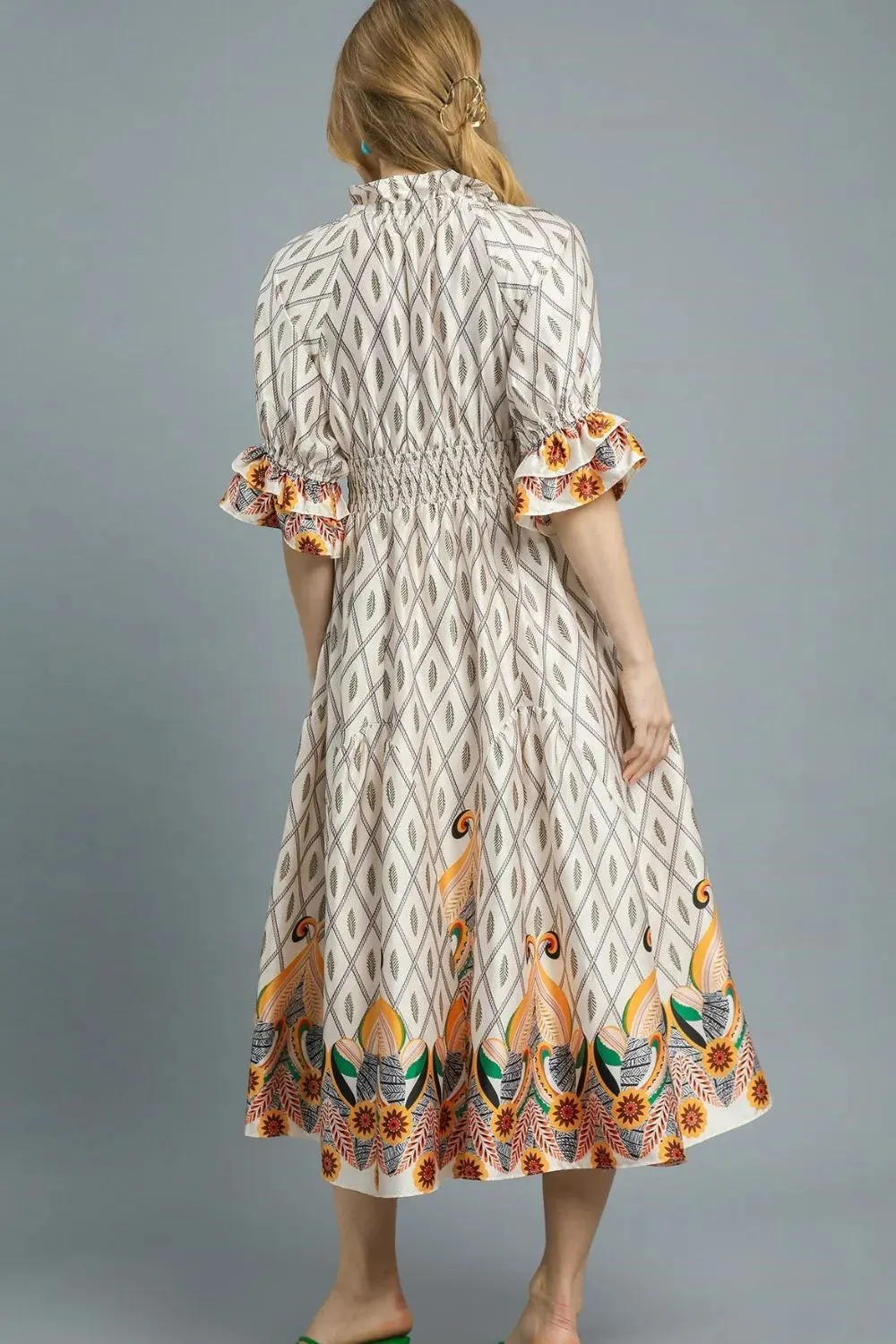 Umgee Printed Smocked Waist Flounce Sleeve Midi Dress sold by Unique Kulture product image thumbnail 4