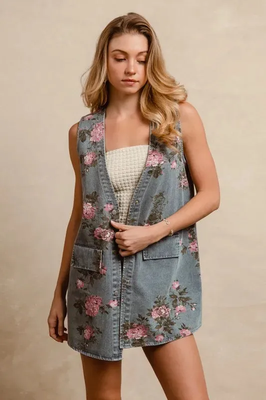 BiBi Floral Print Washed Denim Long Rider Vest sold by Unique Kulture product image thumbnail 3
