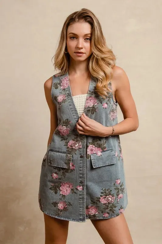 BiBi Floral Print Washed Denim Long Rider Vest sold by Unique Kulture product image thumbnail 5