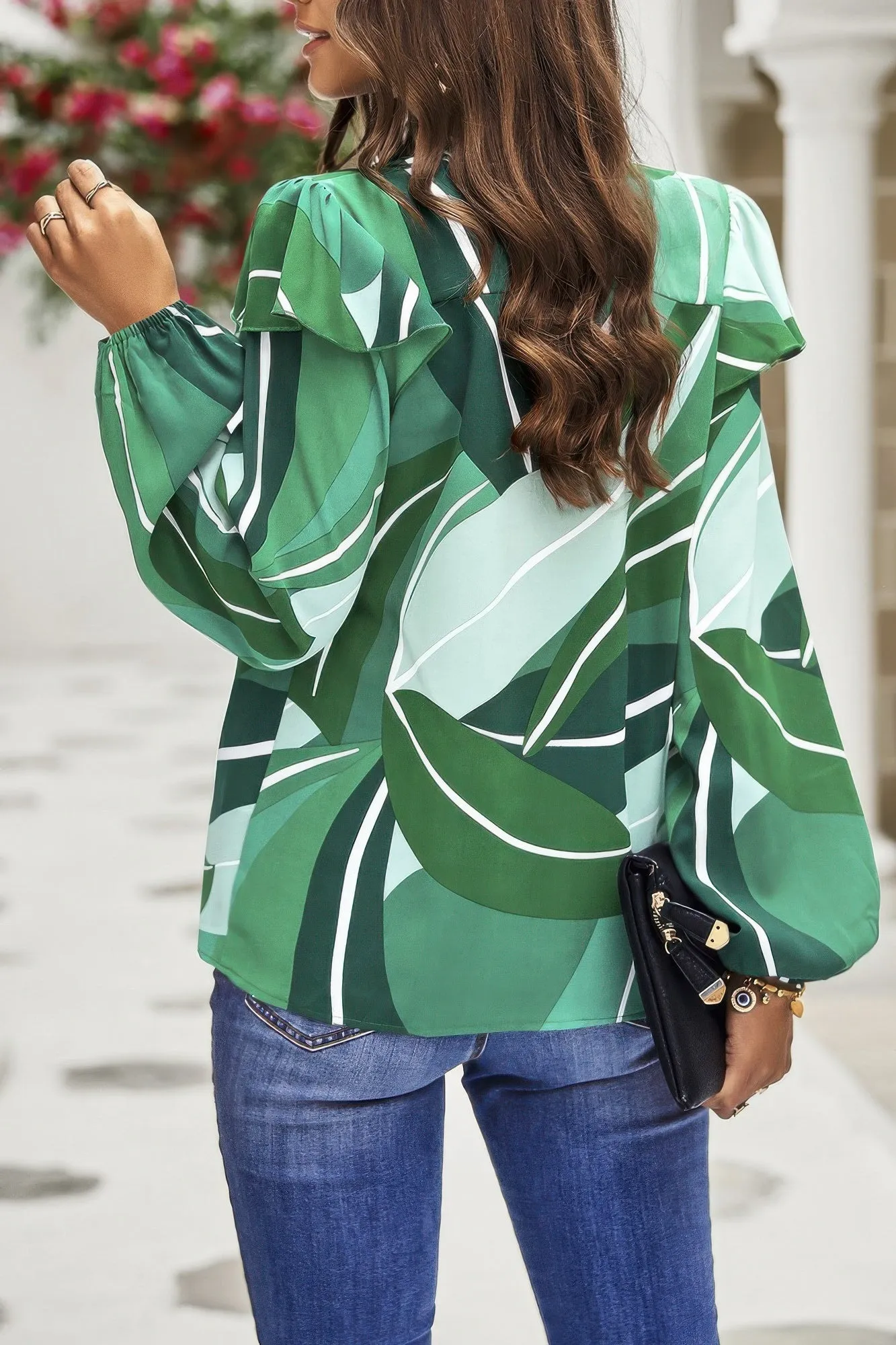 Floral V Neck Button Ruffle Long Sleeve Top sold by Unique Kulture product image thumbnail 3