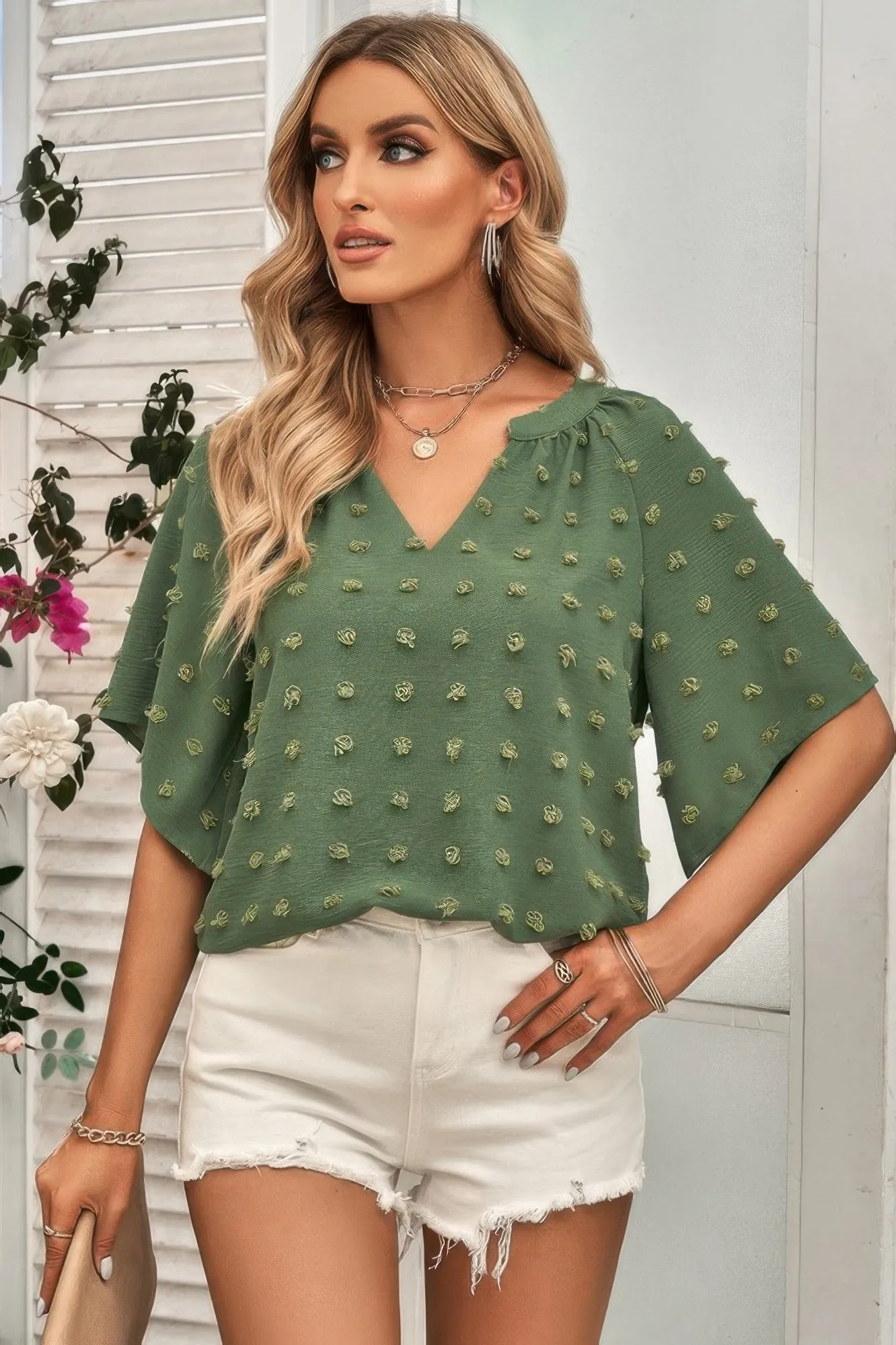 Solid Swiss Dot V Neck Puff Sleeve Blouse sold by Unique Kulture product image thumbnail 5
