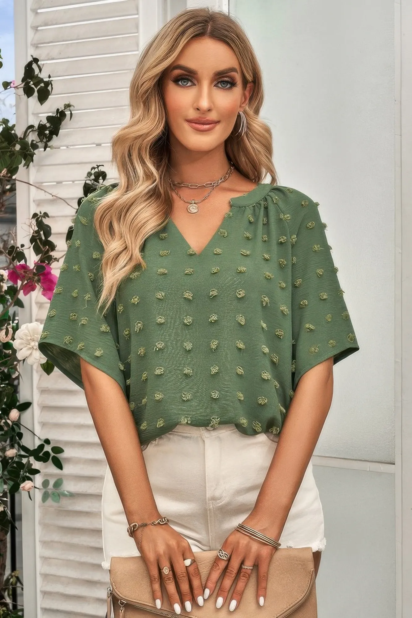 Solid Swiss Dot V Neck Puff Sleeve Blouse sold by Unique Kulture product image thumbnail 3