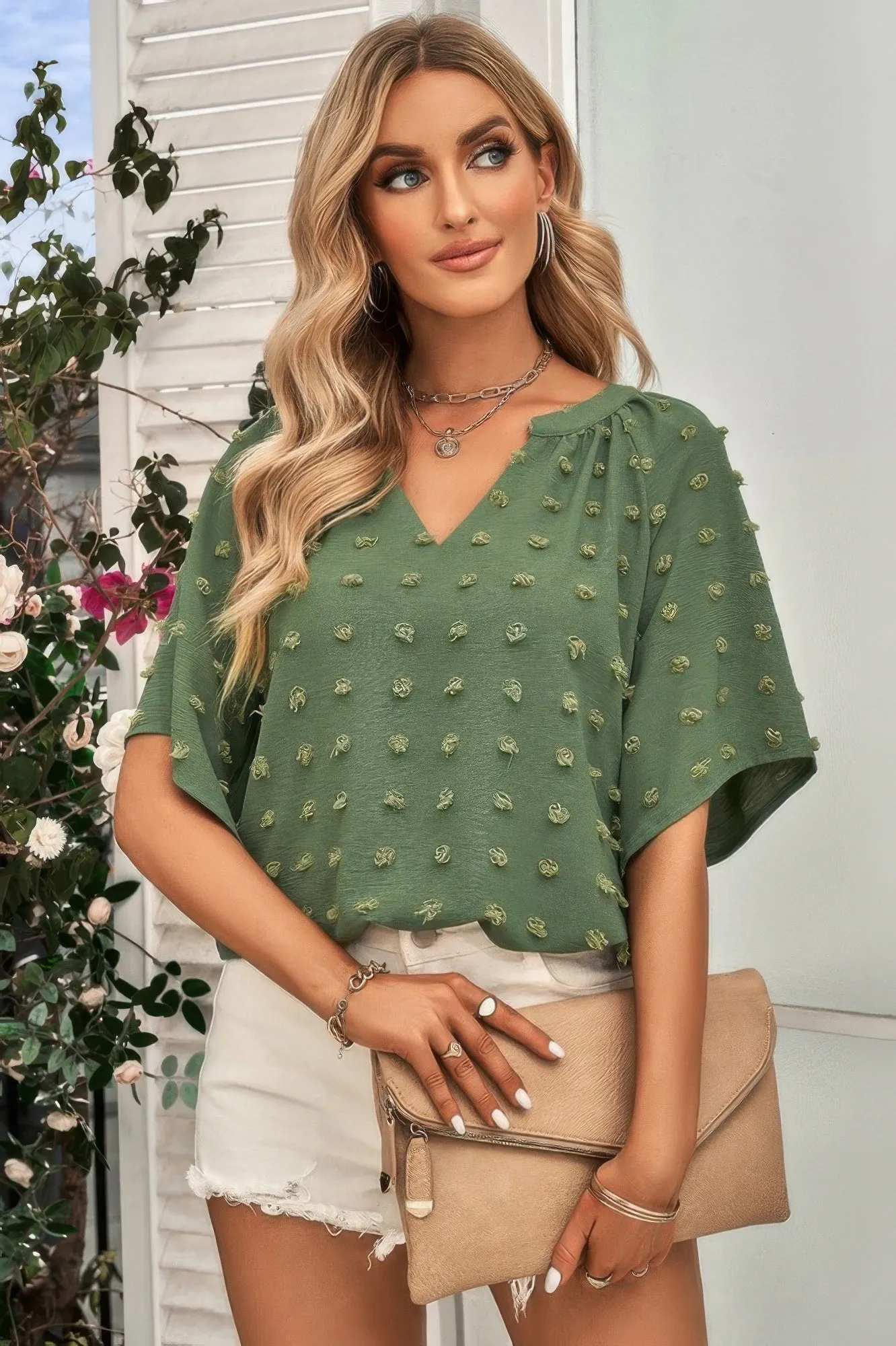 Solid Swiss Dot V Neck Puff Sleeve Blouse sold by Unique Kulture