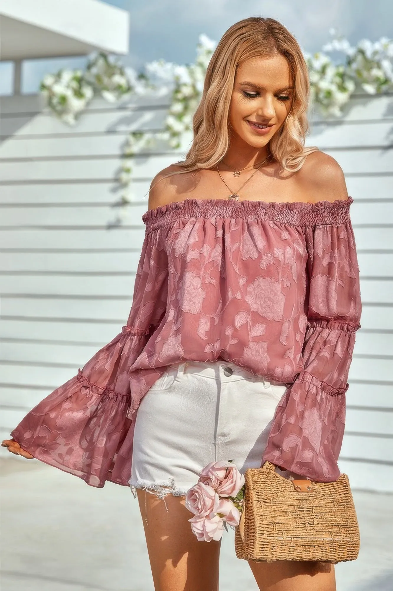 Solid Off Shoulder Flared Sleeve Flowy Blouse sold by Unique Kulture product image thumbnail 4