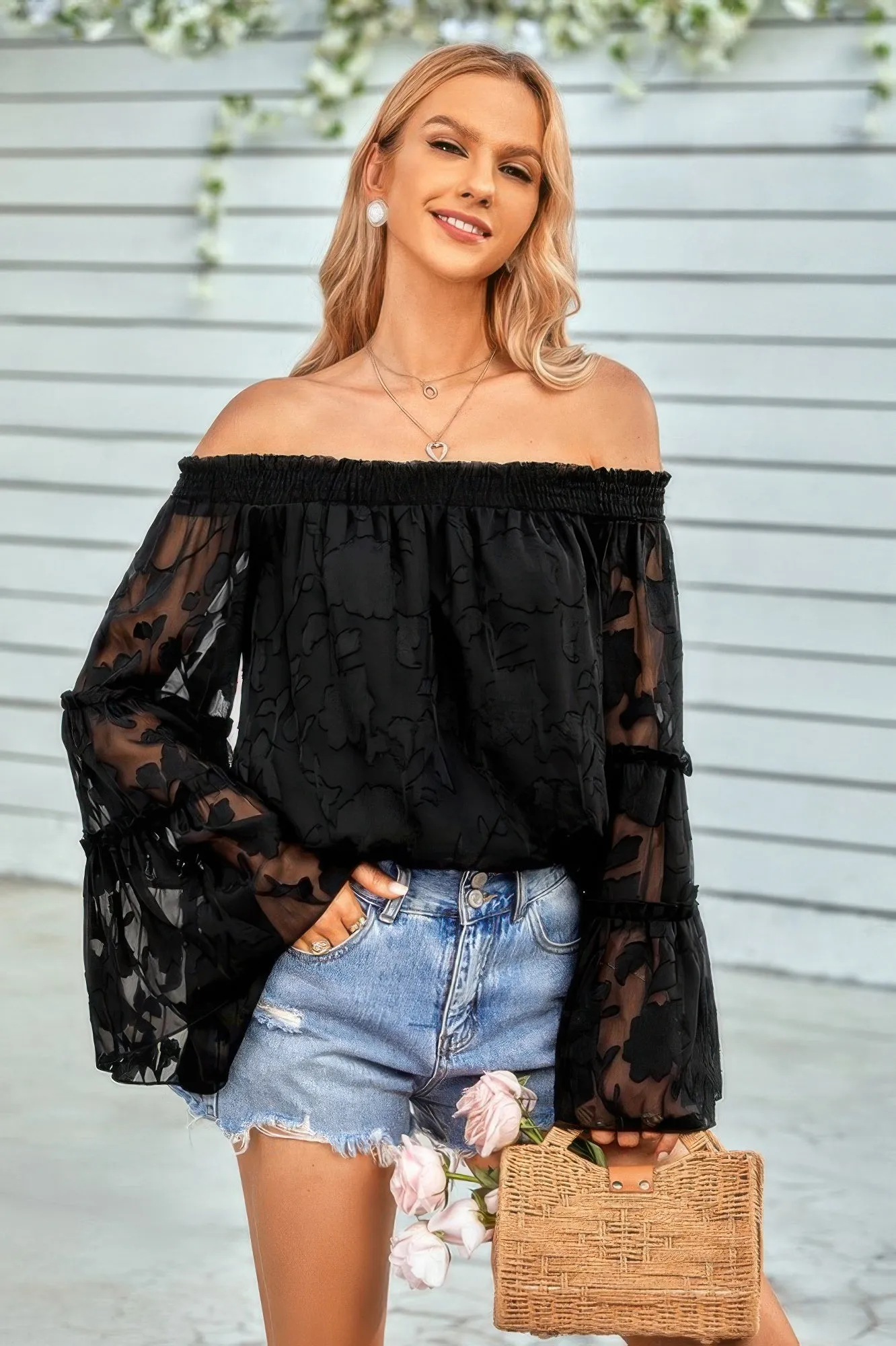Solid Off Shoulder Flared Sleeve Flowy Blouse sold by Unique Kulture product image thumbnail 5