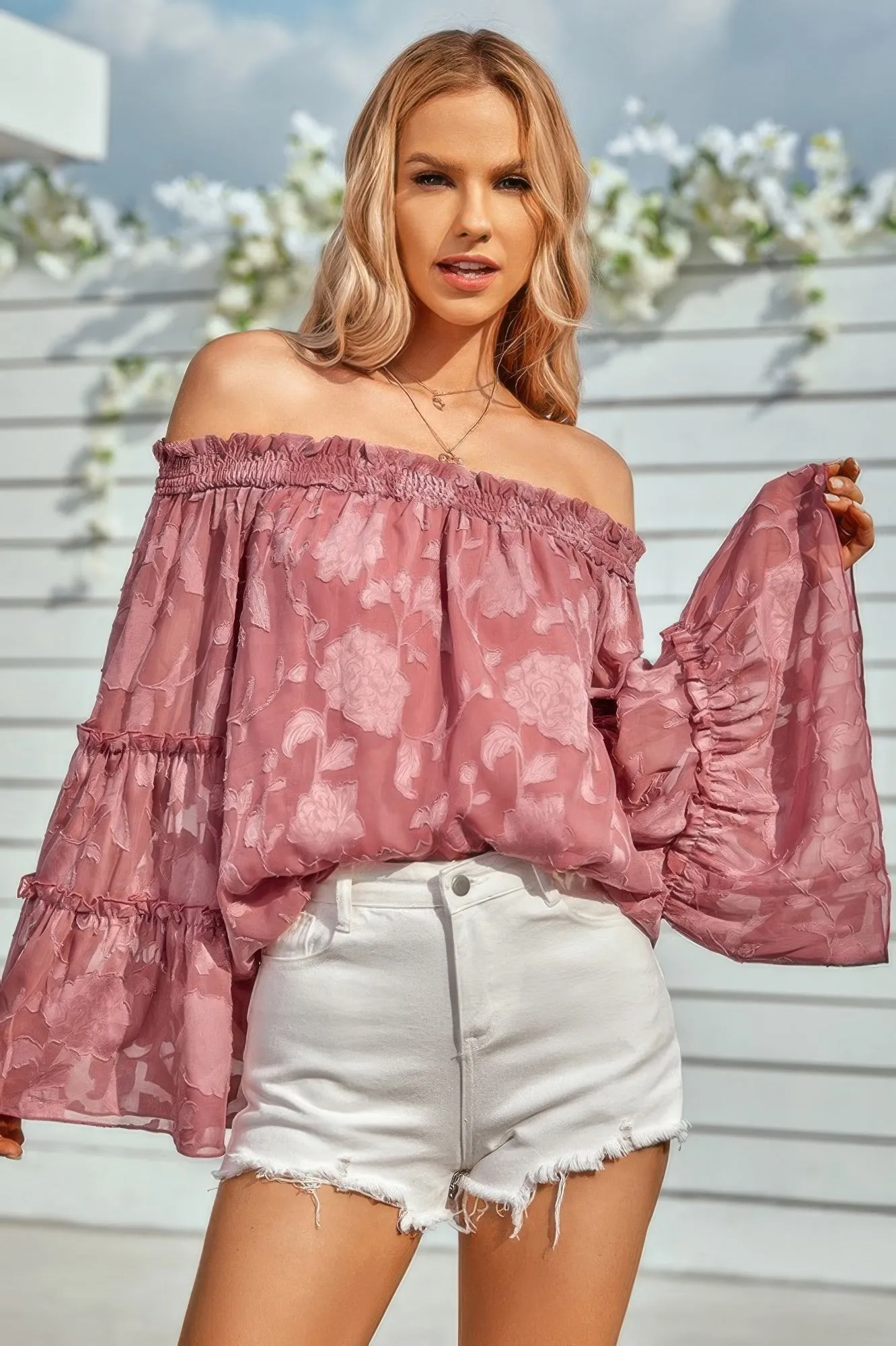 Solid Off Shoulder Flared Sleeve Flowy Blouse sold by Unique Kulture product image thumbnail 2