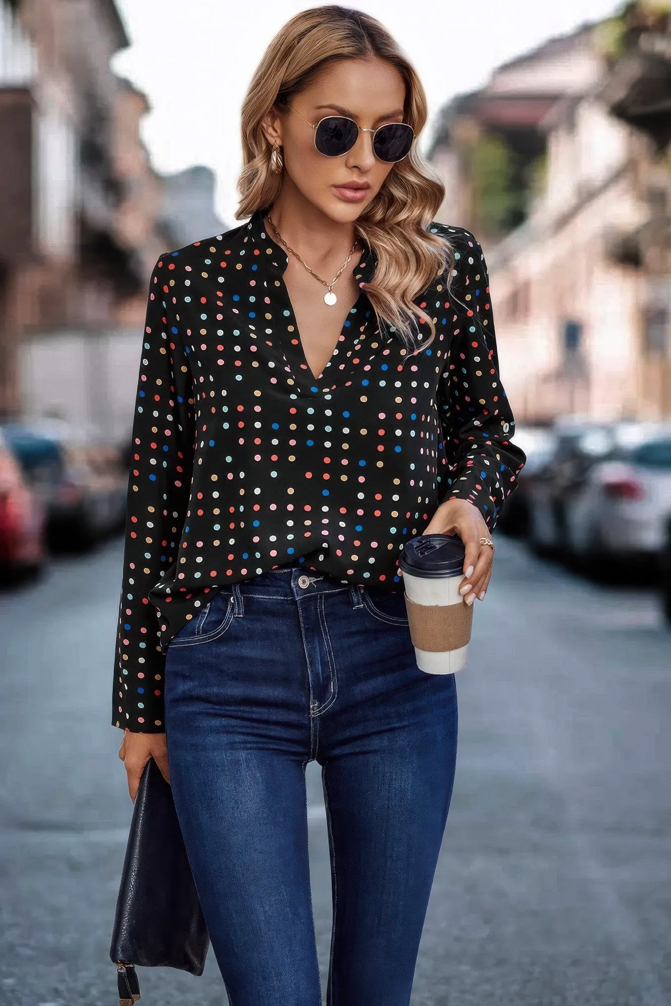 Polka Dot Puff Sleeve Notched Neckline Blouse sold by Unique Kulture product image thumbnail 2